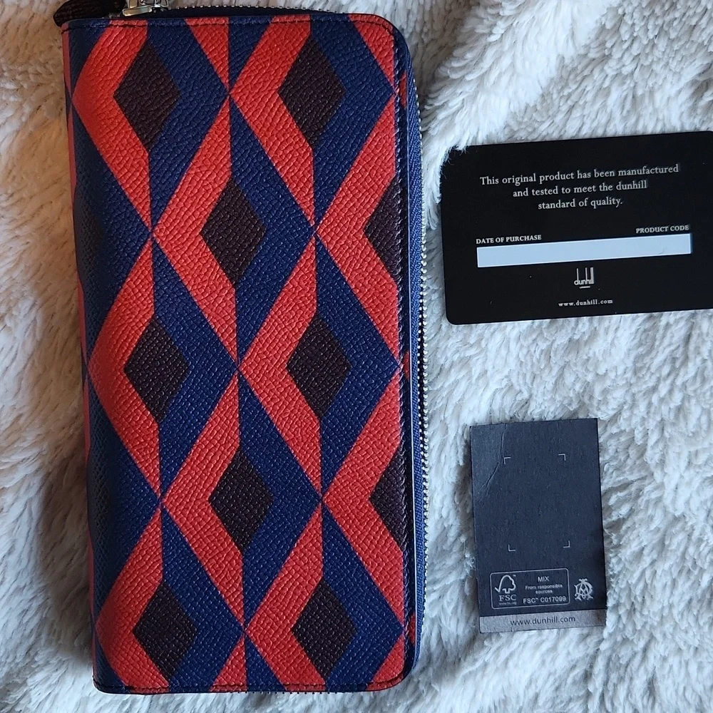 Dunhill Cadogan Zip Coat Wallet – Red & Navy Geometric Print